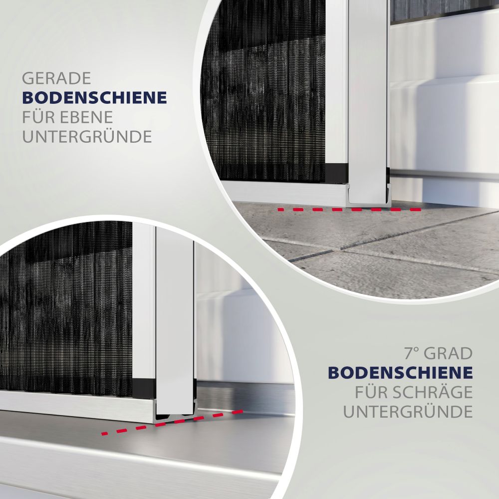 Detailansicht der Bodenschiene für ebene sowie bis zu 7° geneigte Bodenflächen bei Plisseetüren nach Maß.