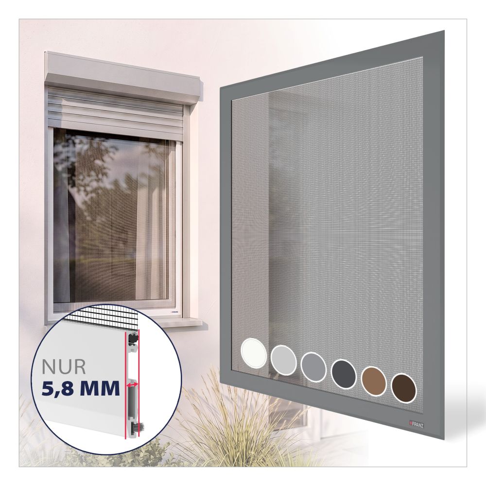 Fliegengitter Fenster Slim nach Maß in Graualuminium mit schlankem Aluminiumrahmen und nur 5,8 mm Profilstärke