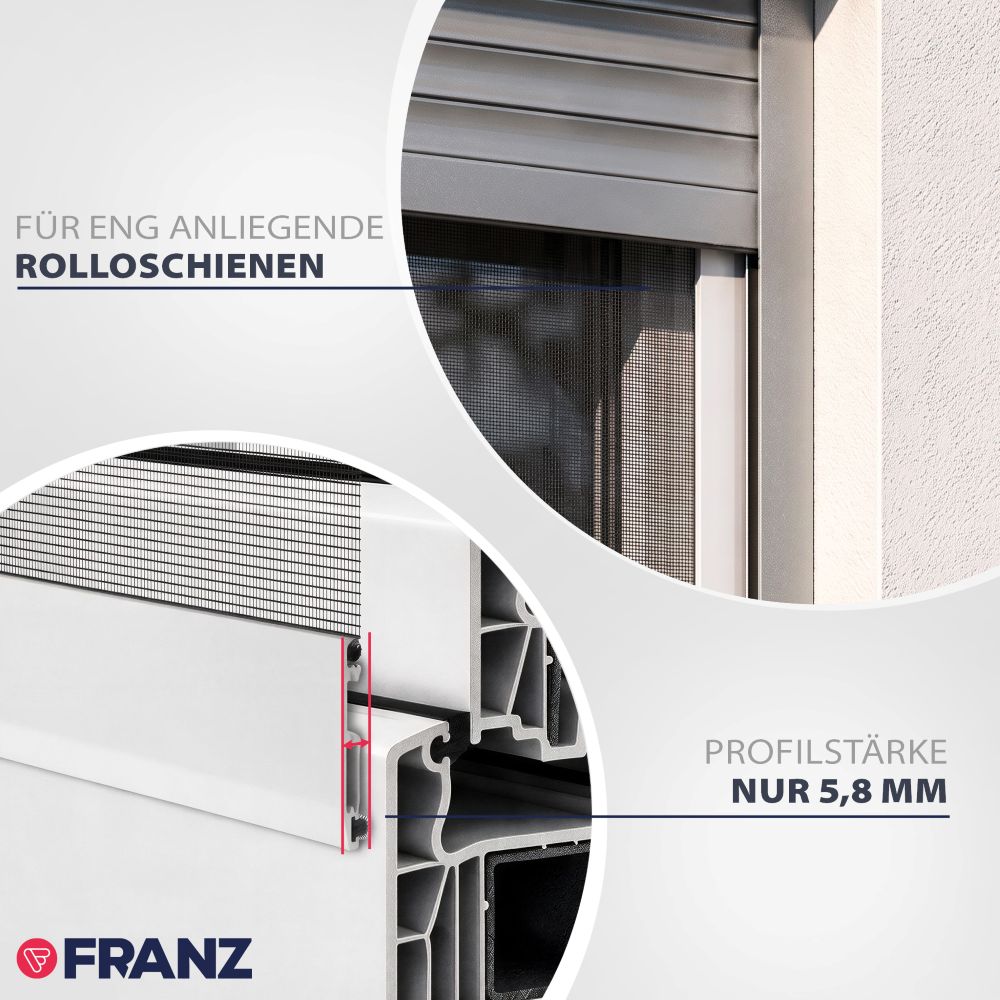 Detailansicht des Slim Fliegengitters für Fenster mit eng anliegenden Rolloschienen und nur 5,8 mm Profilstärke