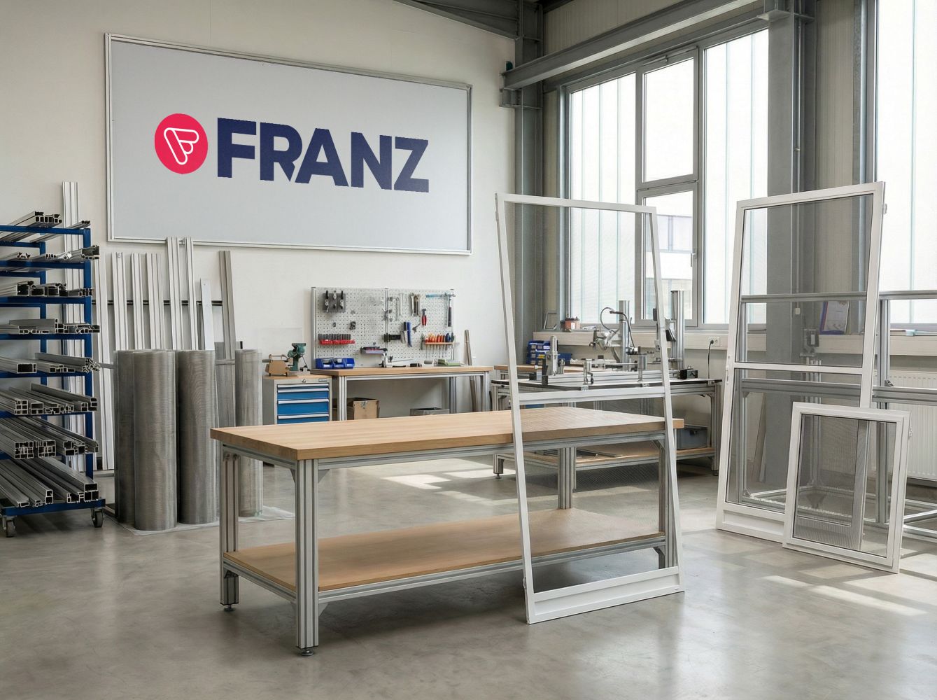 Produktion von Fliegengittern bei FRANZ in moderner Werkstatt mit Aluminiumrahmen und Insektenschutzsystemen