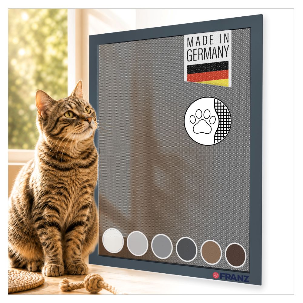 Katzensicheres Fliegengitter Fenster nach Maß in Anthrazit mit widerstandsfähigem Petscreen Gewebe für Haushalte mit Katzen