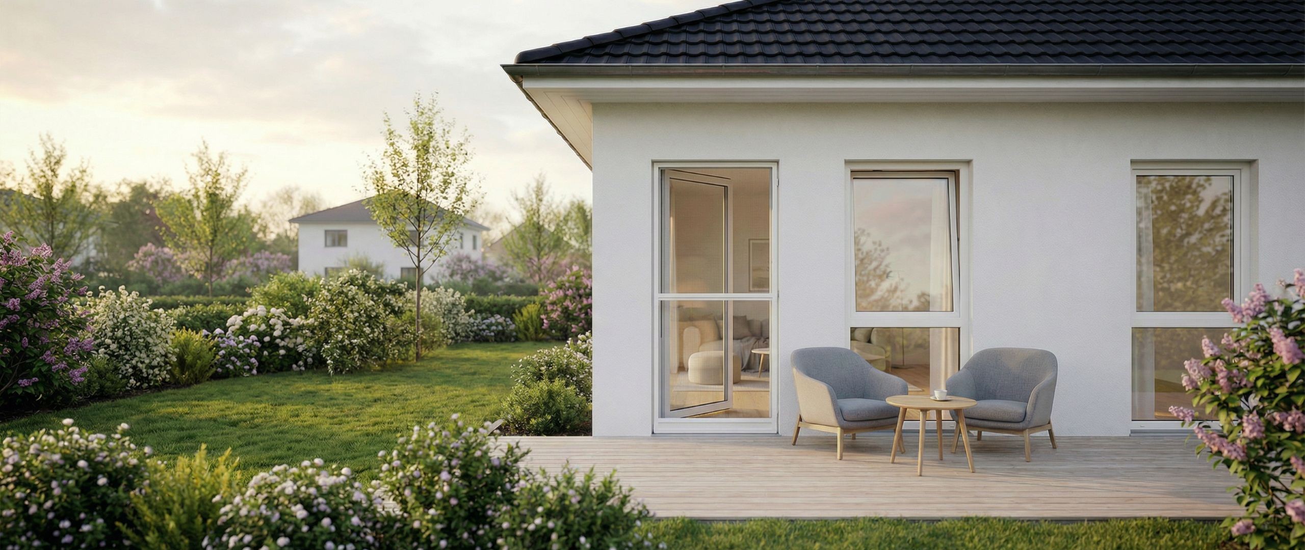 Fliegengitter-Tür auf Terrasse eines modernen Einfamilienhauses bei Sonnenuntergang