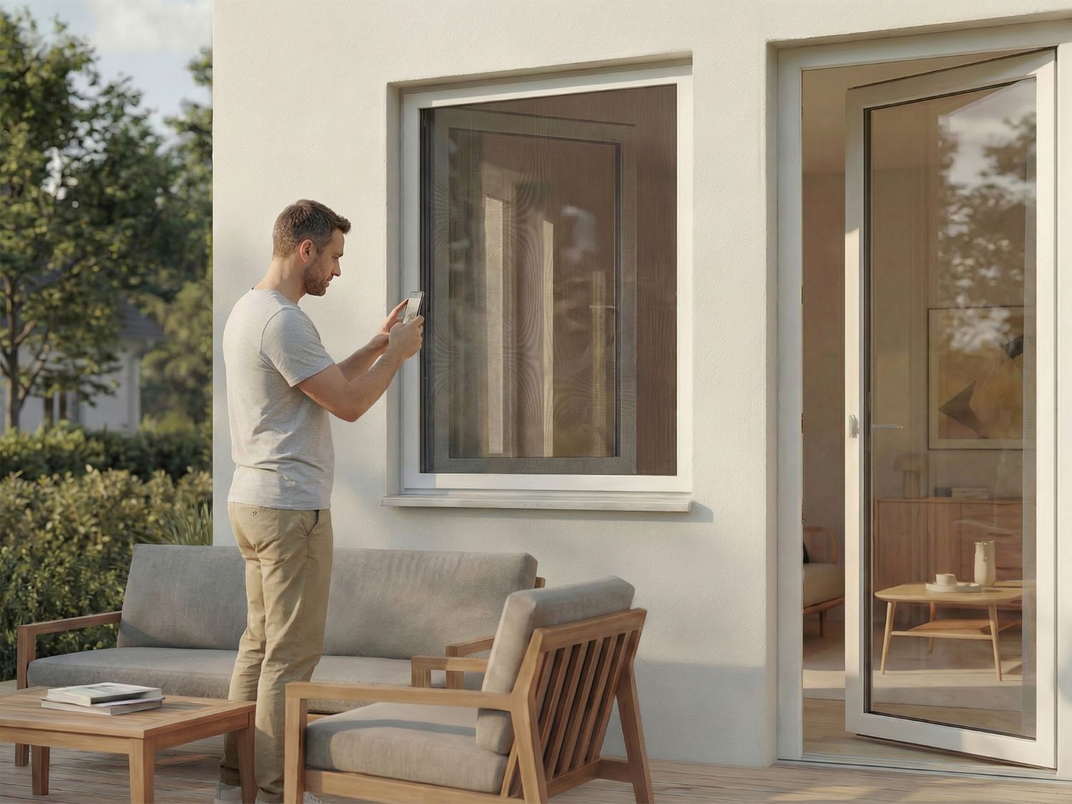 Mann fotografiert Fenster mit Fliegengitter zur technischen Beratung und Maßanfertigung