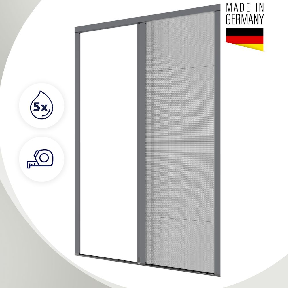 Plisseetür nach Maß mit hochwertigem Aluminiumrahmen und langlebigem Plisseegewebe – Made in Germany. in Graualuminium (RAL 9007)