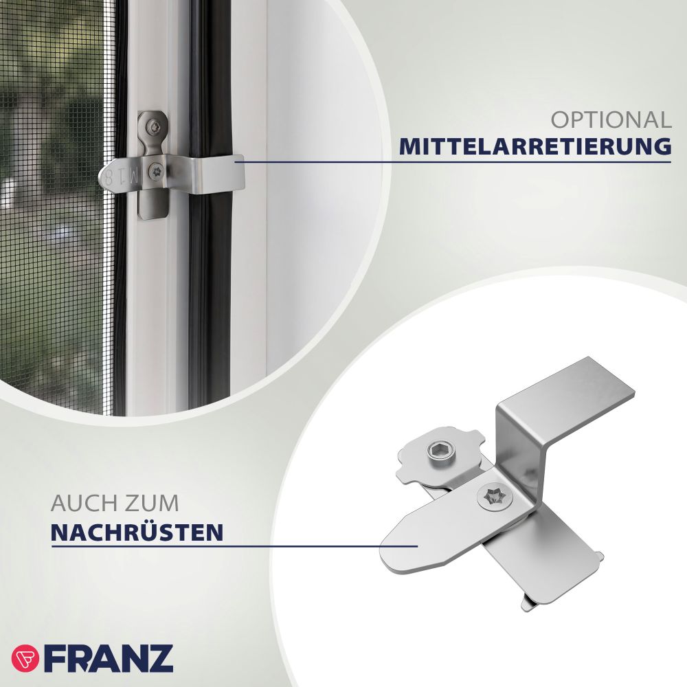 Optionale Mittelarretierung für das Slim Fliegengitter Fenster zur zusätzlichen Fixierung und zum nachträglichen Einbau