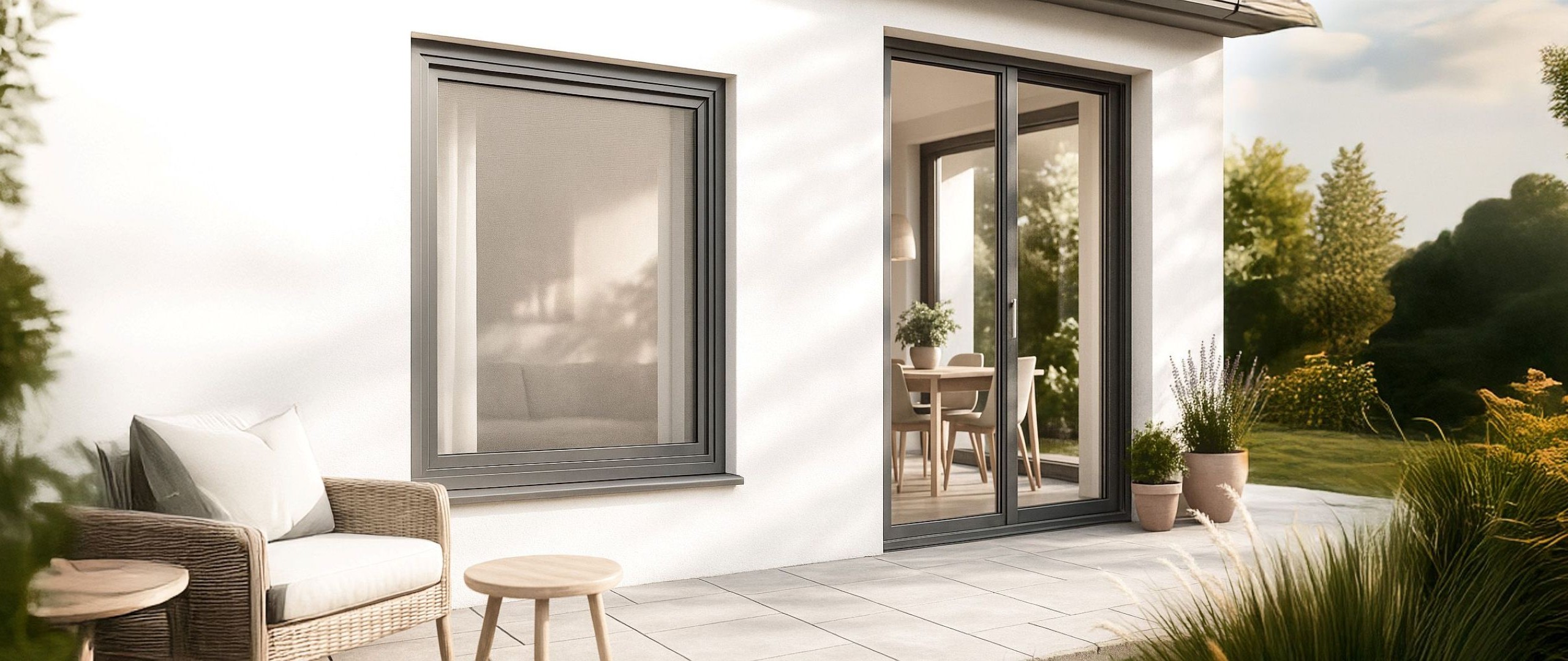 Moderne Terrasse mit Fliegengitter an Fenster und Tür für optimalen Insektenschutz