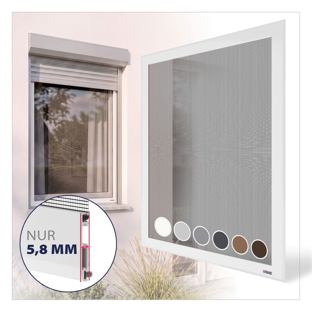 Fliegengitter Fenster Slim nach Maß in Weiß mit extra flachem Aluminiumrahmen und nur 5,8 mm Profilstärke